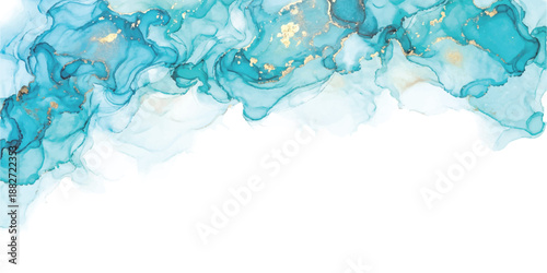Abstract turquoise and gold ink flow with ethereal wisps and delicate texture isolated on white background