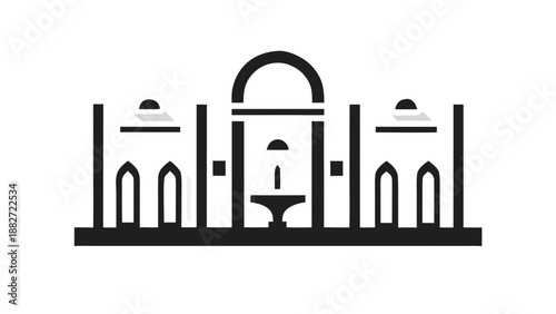 Black and white illustration of ancient architecture with arches and fountain
