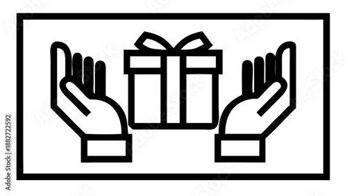 Gift box presented with open hands in black outline illustration