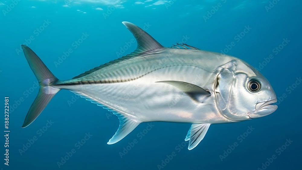 Obraz premium A large, silvery fish with prominent fins swimming gracefully in clear blue ocean water.
