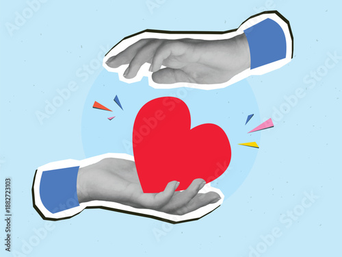 Hands holding a big red heart. Modern collage style. Vector illustration