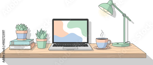 Minimalistic home workspace with laptop plants and desk lamp for productivity