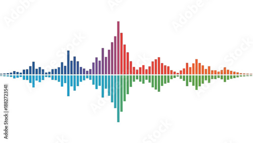 Vibrant sound waves in a colorful equalizer graph against a clean background viewed from a straightforward perspective