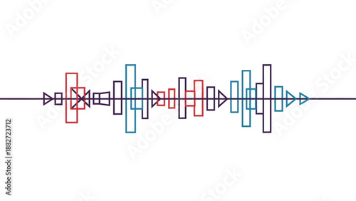Abstract Soundwave Representation with Red and Blue Geometric Shapes and Arrows