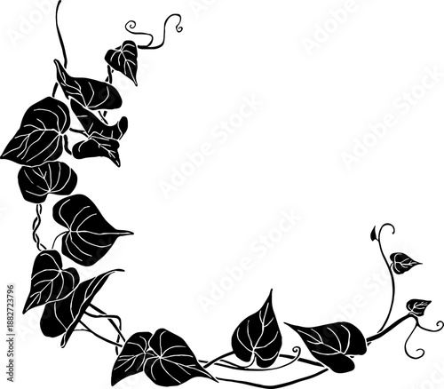 Decorative floral corner border with ivy leaves. Vector silhouette design element.