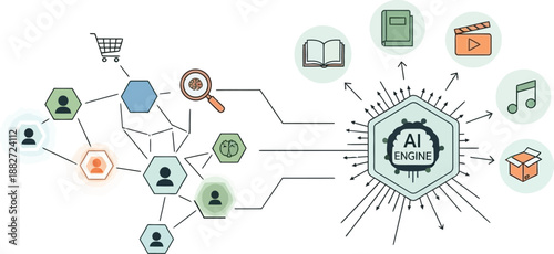illustration of artificial intelligence engine with interconnected data and multimedia icons