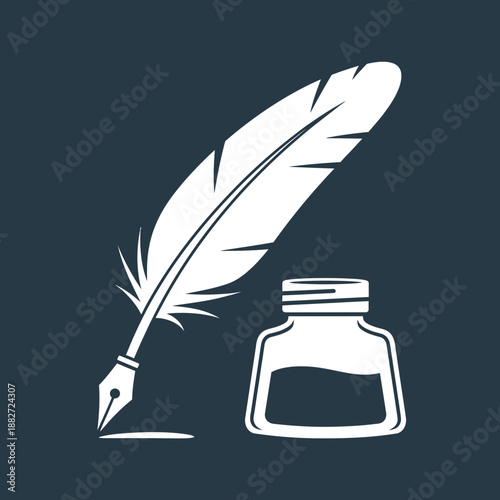 White quill pen writing next to an inkwell with a splash.