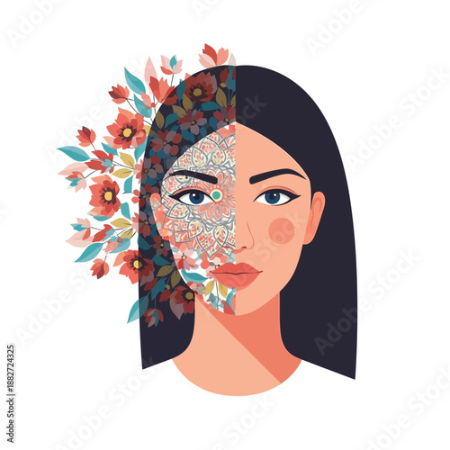 Woman's face with flowers and abstract patterns on one side.