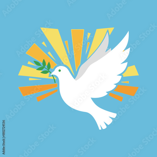 White dove with olive branch and radiating light.