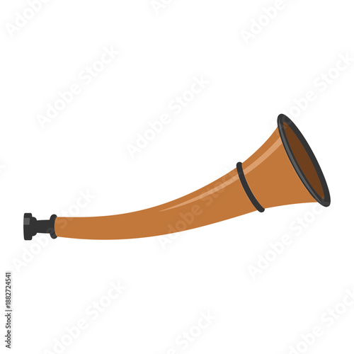 A simple illustration of a brown hunting horn with a black mouthpiece.