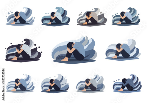 Person sitting huddled in abstract shapes representing emotional distress.