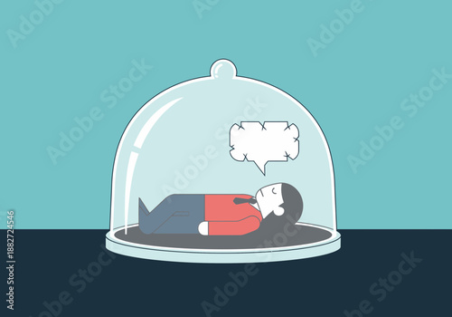 Person trapped under glass dome with thought bubble.