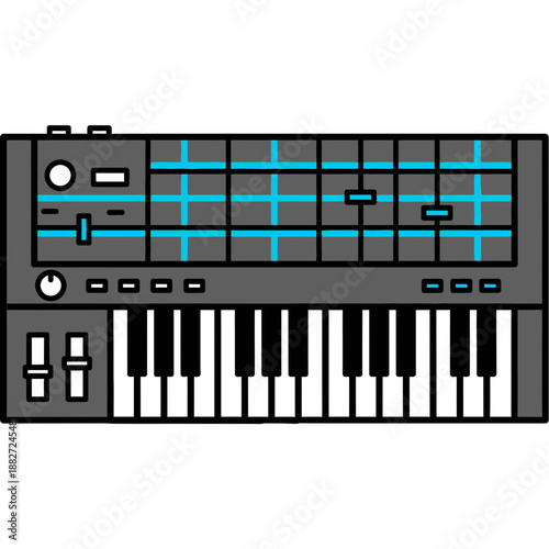 Electronic keyboard synthesizer with knobs sliders and keys.