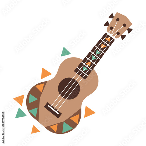 Ukulele with decorative geometric patterns and colorful triangles.