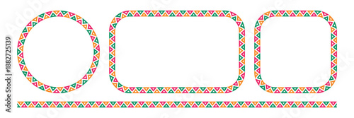 Mexican triangular pattern circle and rectangle frames set. African ethnic motif border. Aztec ornament frame. Mexican ornament. text frame. Vector illustration isolated on white background.