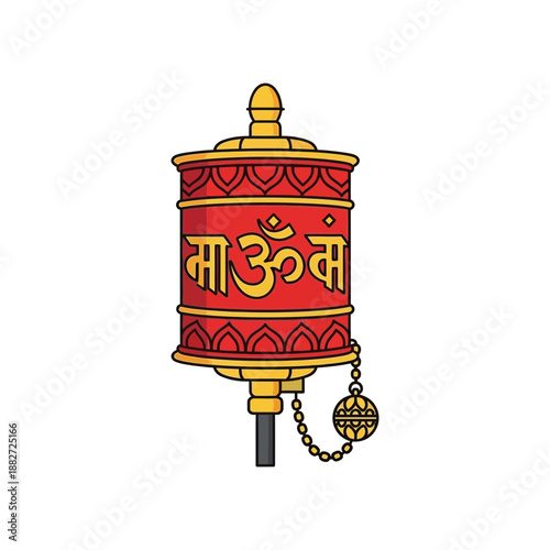 Red and gold prayer wheel with Sanskrit text and a handle.