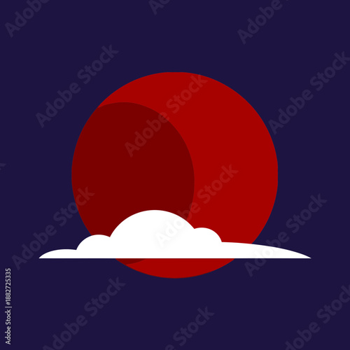 Red sun partially obscured by white clouds.