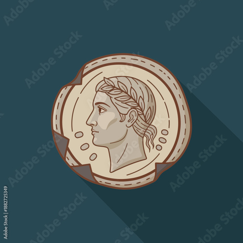 Ancient coin with profile of a person and decorative elements.