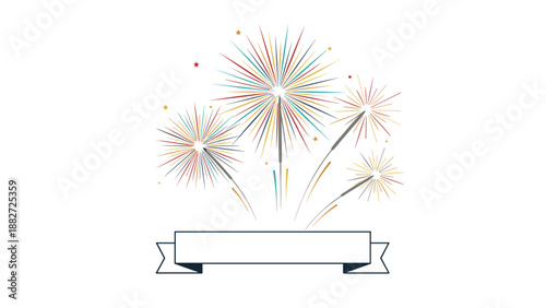 Festive colorful fireworks burst in the sky above a blank white banner for celebration text or holiday greeting announcement.
