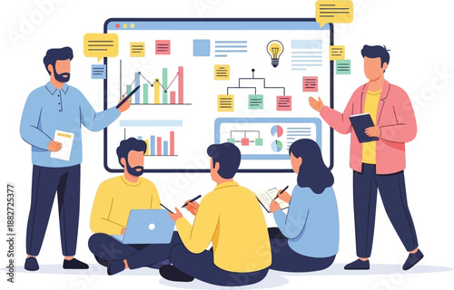 Business team collaborating on data analysis and presentation with digital tools in a modern