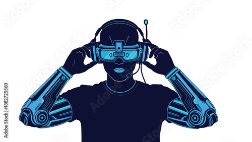 Futuristic silhouette of a person wearing a virtual reality headset and advanced bionic robotic arms highlighted in glowing blue.