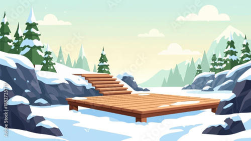 A serene winter landscape with snow-covered rocks, trees, and wooden docks