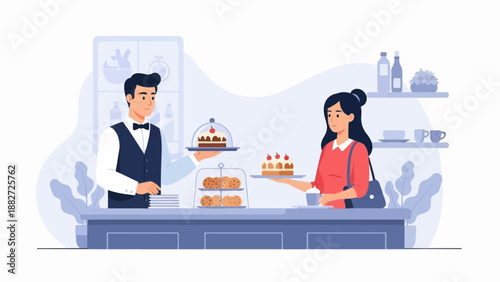 A server offers a cake to a customer at a bakery counter