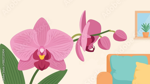 A pink orchid branch with leaves, a couch, and a potted plant