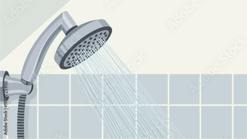A silver showerhead sprays water against a tiled wall in a simple illustration