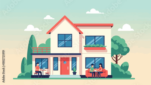 A stylized house scene with two people relaxing outside on a pleasant day