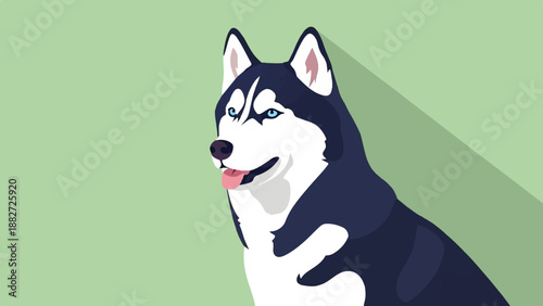 A stylized husky with piercing blue eyes, dark fur, and white markings