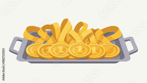 A silver tray overflows with golden medals adorned with laurel wreaths and the number 1