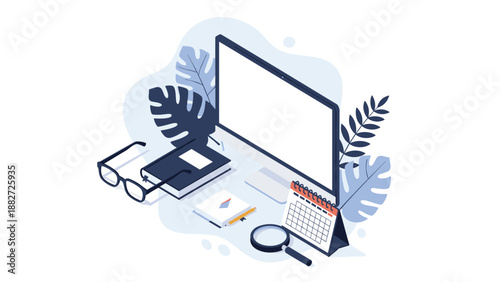 Isometric view of a workspace containing a computer monitor, books, glasses, magnifying glass, and a calendar among tropical leaves.