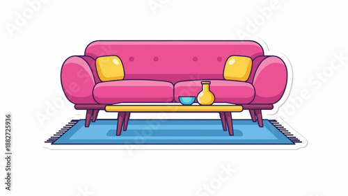 A pink sofa with yellow cushions on a blue rug with a small table