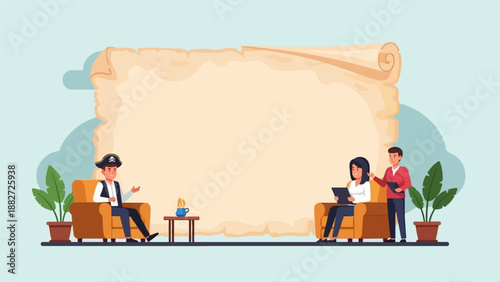 A pirate and two people in a meeting with a large scroll