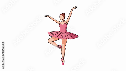 A stylized illustration of a ballerina in a pink tutu performing a graceful pose