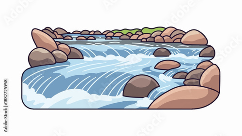 A pixel art depiction of a river flowing over smooth, rounded rocks with white foam