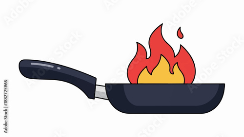 A simple cartoon illustration of a black frying pan with bright orange and red flames