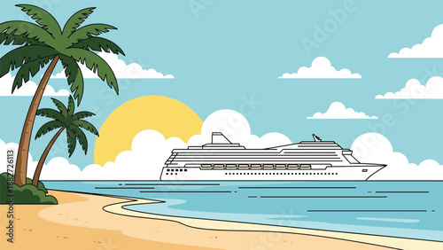 Large white cruise ship sailing on a blue sea near a sandy beach with palm trees and a large setting sun in the background.