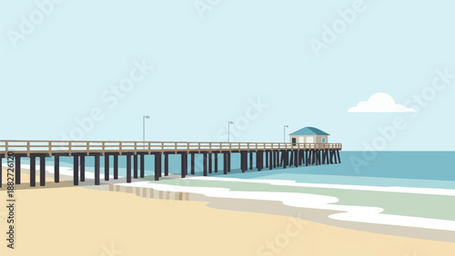 A pixelated beach scene features a long pier with a small building and lampposts