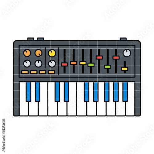 Electronic keyboard synthesizer with knobs, sliders, and keys.