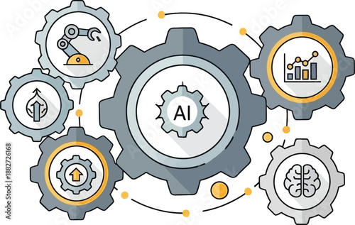 Innovative artificial intelligence technology concept with interconnected gears and icons