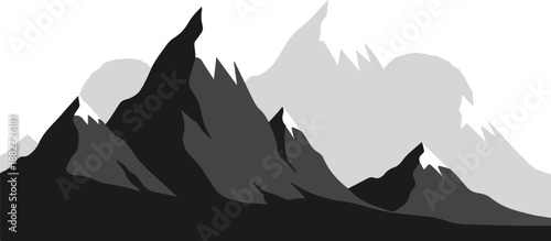 A monochromatic digital illustration of a jagged mountain range under a white sky