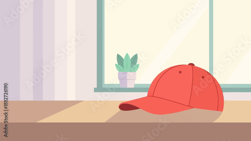 A simple illustration of a red cap resting on a surface beside a potted plant