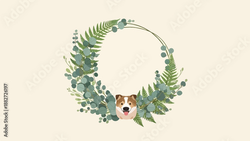 A happy dog peeks through a decorative wreath of green foliage
