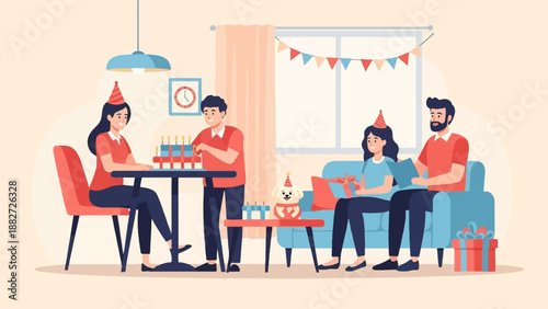 A family celebrates a birthday with cake, presents, and a dog