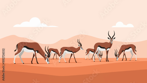 A herd of gazelles graze in a minimalist desert landscape under a pale sky