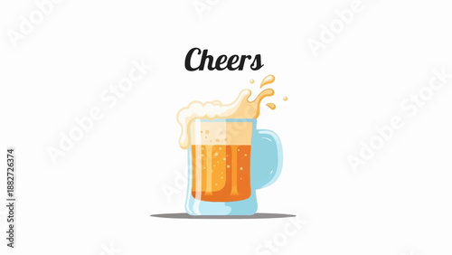 A mug of frothy beer with the word "Cheers" above it