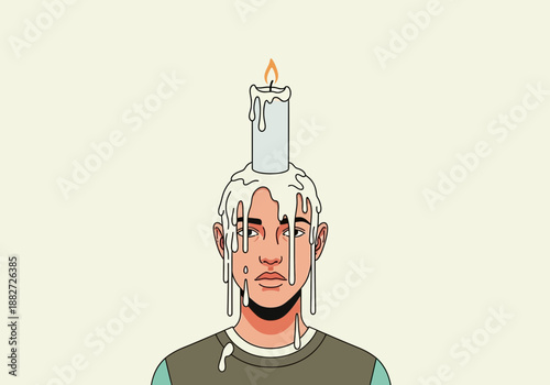 Person with burning candle melting wax on head