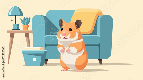 A curious hamster stands before a teal armchair with a yellow blanket